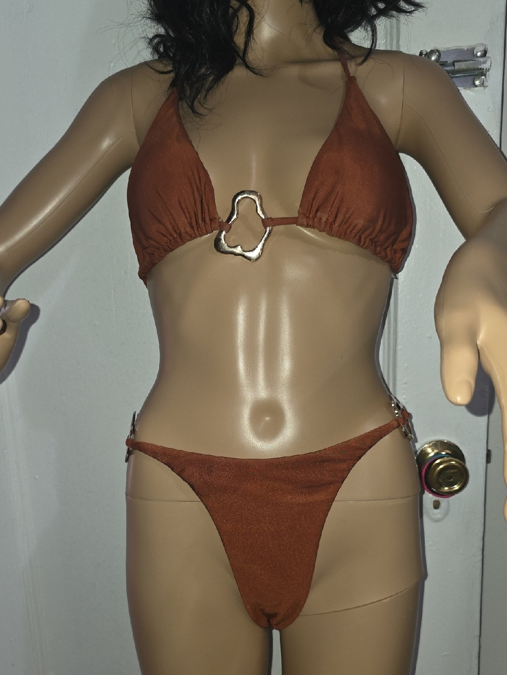 SHEIN Rust Brown Triangle Bikini with Gold Accent